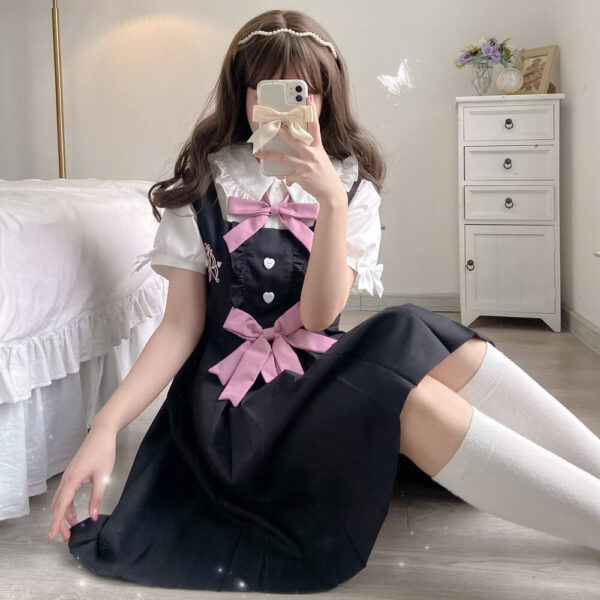 [Black Pink] Bunny bow uniform dress blouse - Image 12