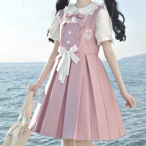 [Black Pink] Bunny bow uniform dress blouse - Image 2