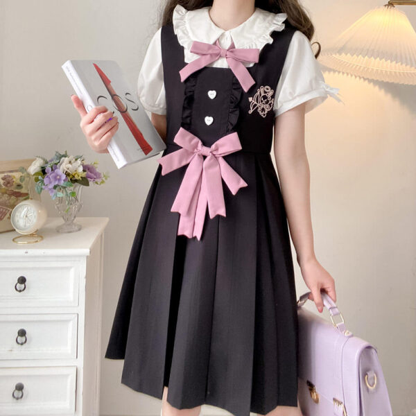 [Black Pink] Bunny bow uniform dress blouse - Image 5