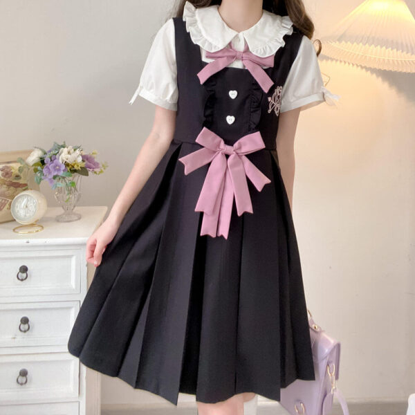 [Black Pink] Bunny bow uniform dress blouse - Image 7